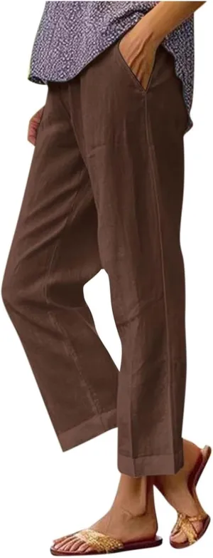 Womens Cropped Cotton Linen Pants Summer Elastic Waist Straight Leg Crop Pant Casual Loose Beach Trouser with Pockets