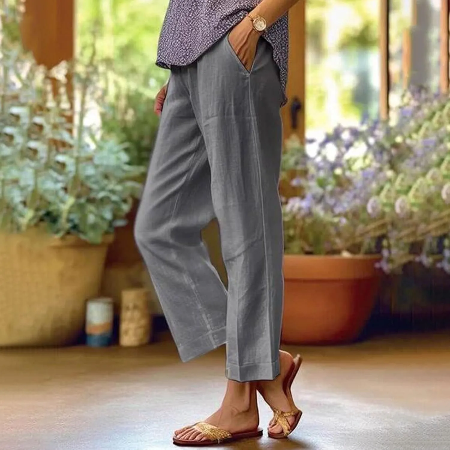 Womens Cropped Cotton Linen Pants Summer Elastic Waist Straight Leg Crop Pant Casual Loose Beach Trouser with Pockets