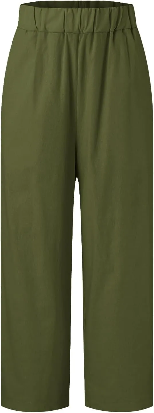 Womens Cropped Cotton Linen Pants Summer Elastic Waist Straight Leg Crop Pant Casual Loose Beach Trouser with Pockets