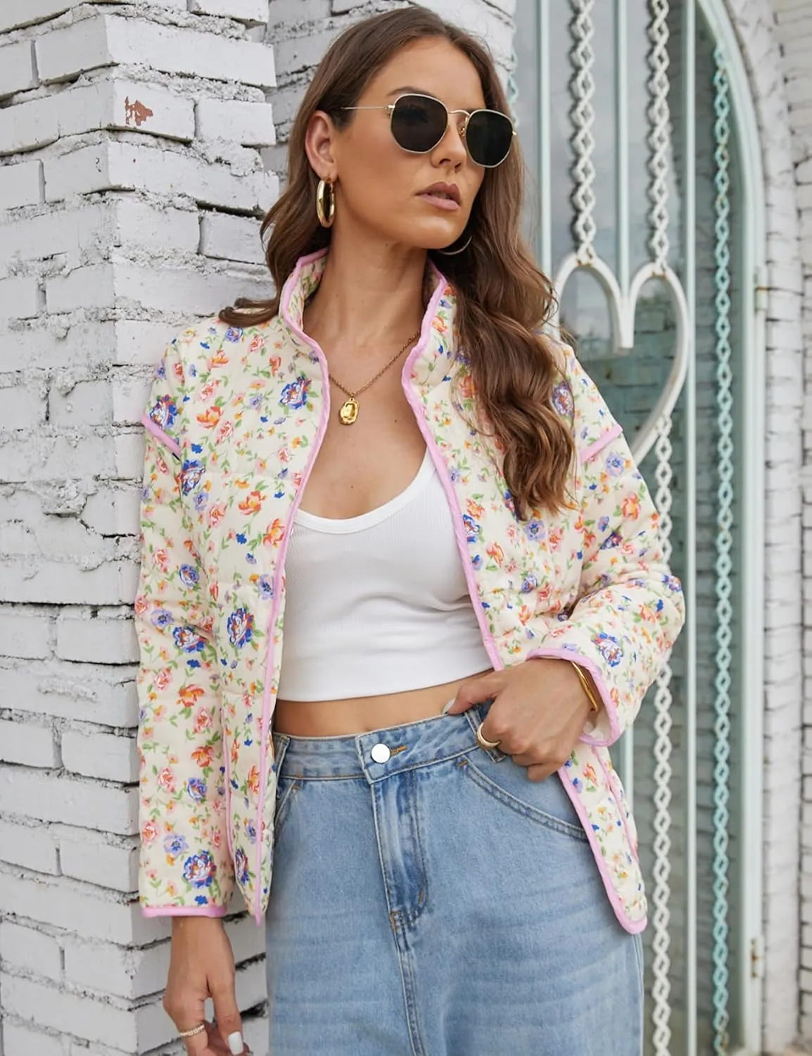 Women's Cropped Puffer Quilted Jacket Lightweight Long Sleeve Padded Floral Print Puffy Cardigan Outwear Coat