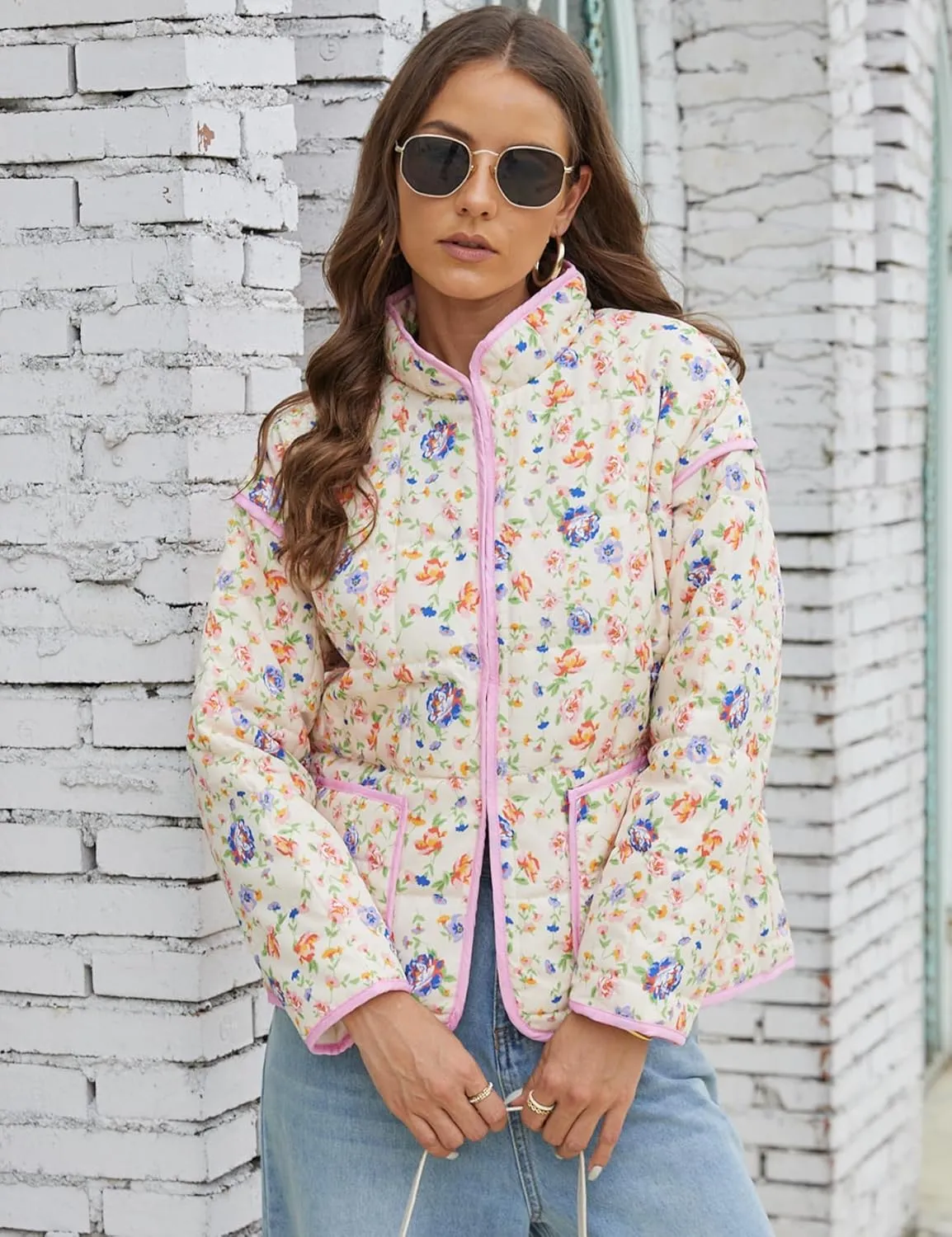 Women's Cropped Puffer Quilted Jacket Lightweight Long Sleeve Padded Floral Print Puffy Cardigan Outwear Coat
