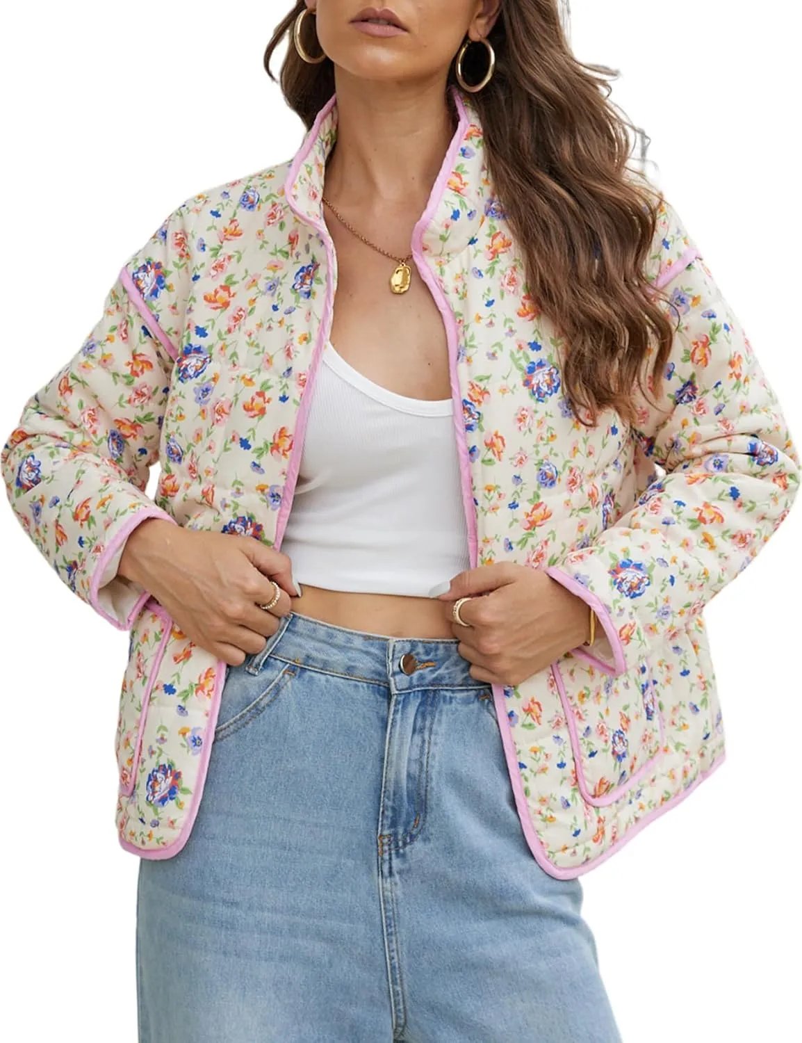 Women's Cropped Puffer Quilted Jacket Lightweight Long Sleeve Padded Floral Print Puffy Cardigan Outwear Coat