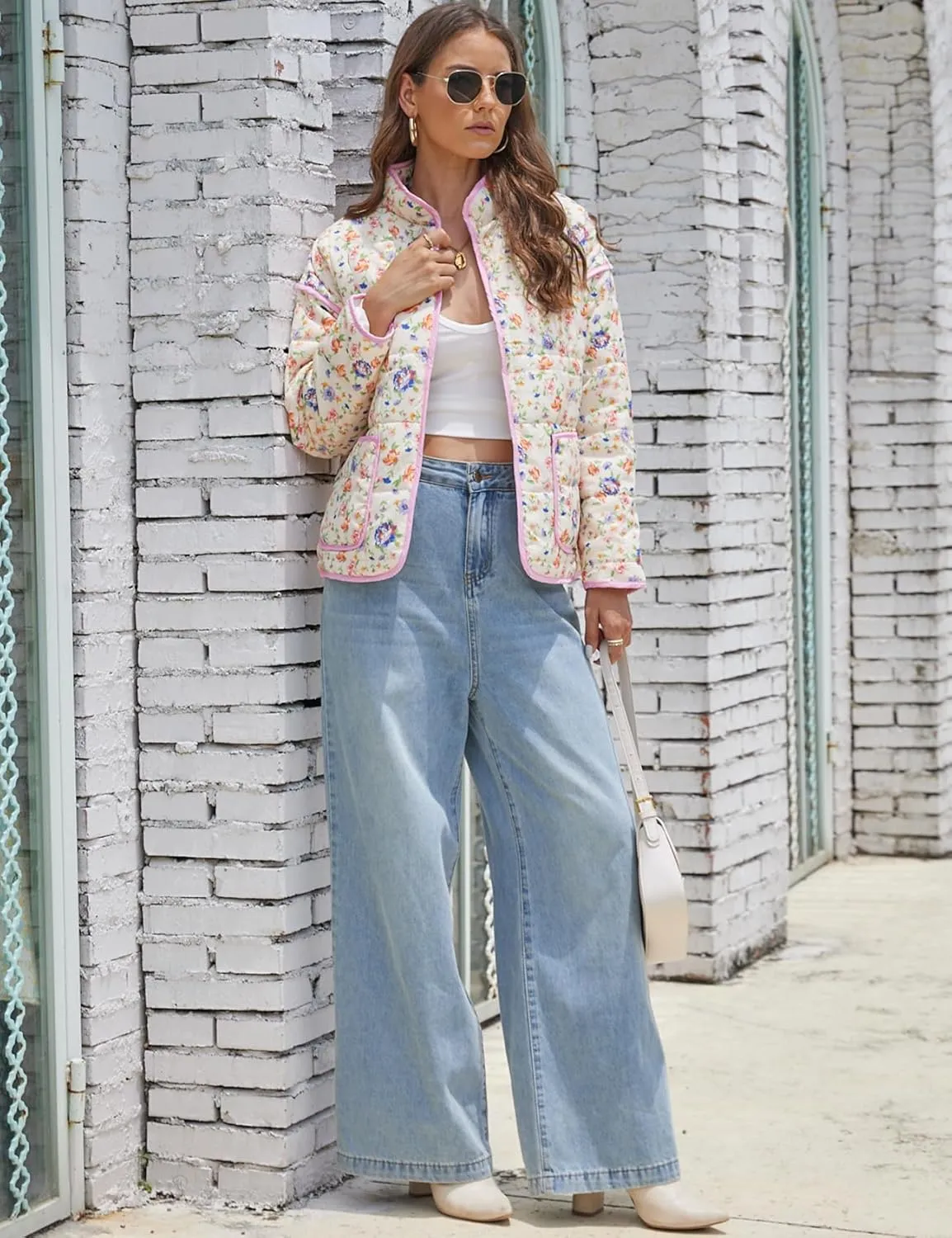 Women's Cropped Puffer Quilted Jacket Lightweight Long Sleeve Padded Floral Print Puffy Cardigan Outwear Coat