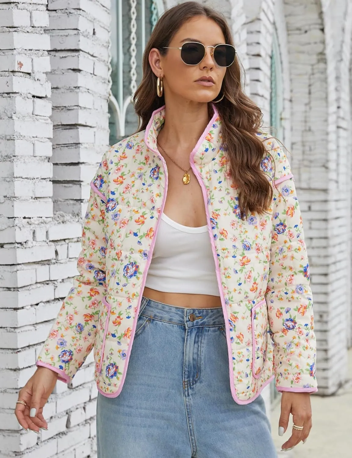 Women's Cropped Puffer Quilted Jacket Lightweight Long Sleeve Padded Floral Print Puffy Cardigan Outwear Coat