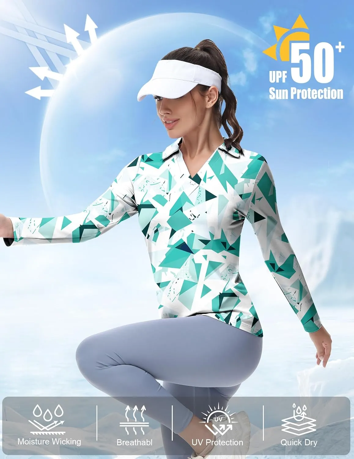 Women's Golf Polo Shirts Long Sleeve Workout Tops V Neck UPF 50  Sun Protection Quick Dry Lightweight Active Shirts