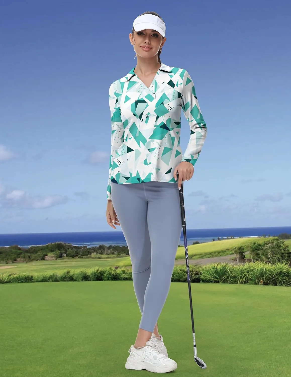 Women's Golf Polo Shirts Long Sleeve Workout Tops V Neck UPF 50  Sun Protection Quick Dry Lightweight Active Shirts