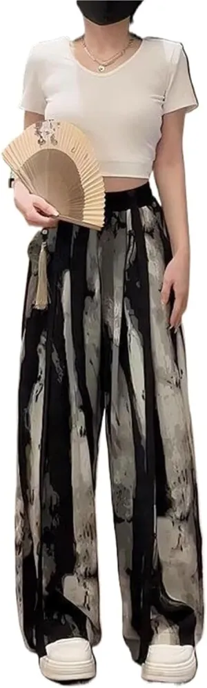Women's High-Waist Tie-Dye Chiffon Wide-Leg Pants, Summer Lightweight Loose Straight-Leg Casual Trousers