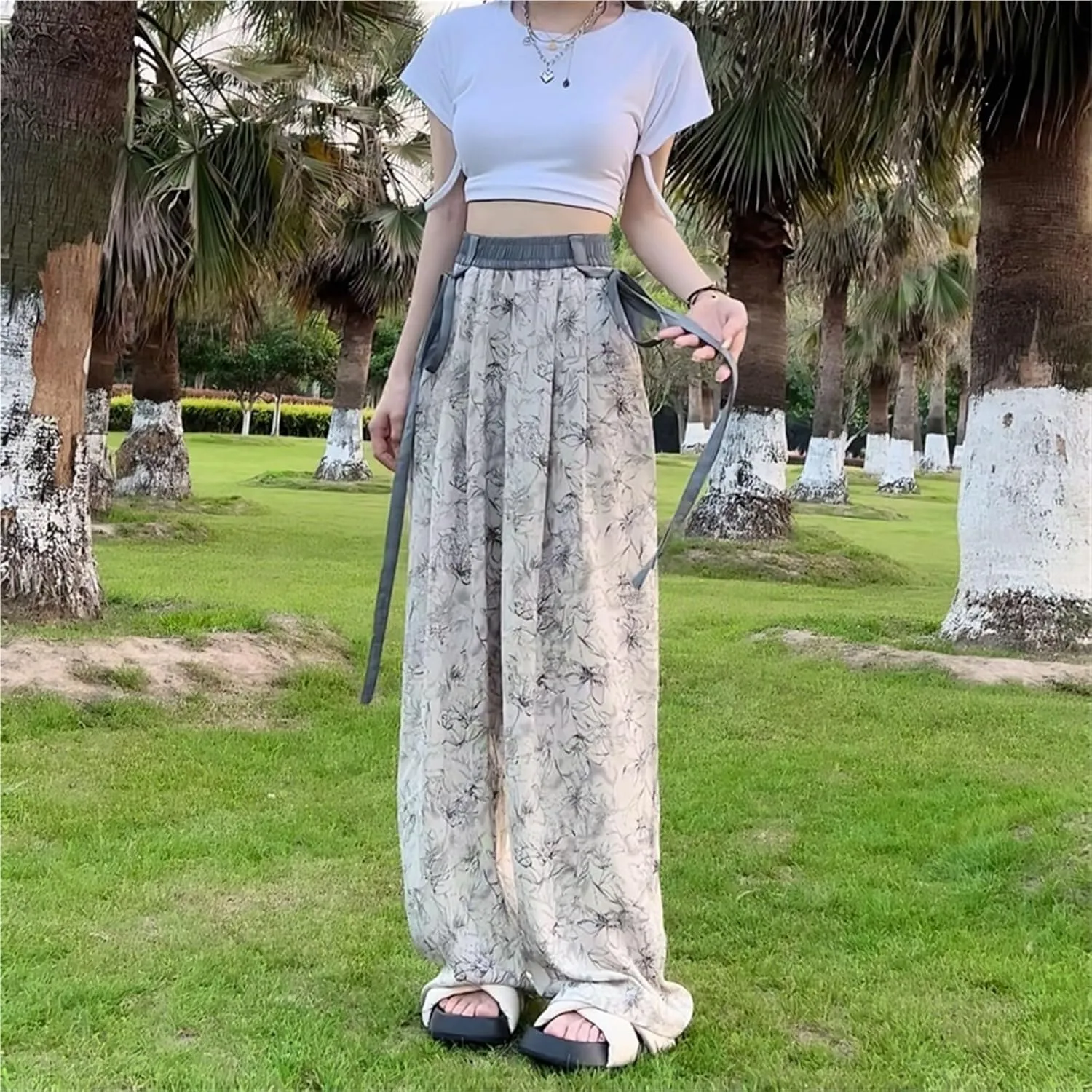 Women's High-Waist Tie-Dye Chiffon Wide-Leg Pants, Summer Lightweight Loose Straight-Leg Casual Trousers