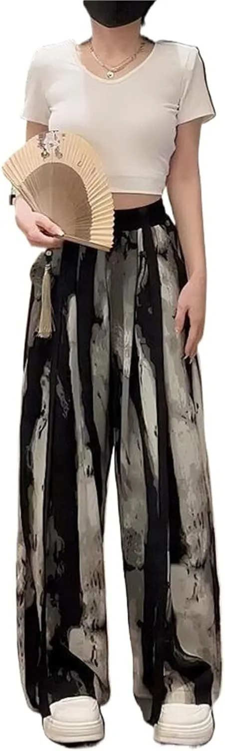 Women's High-Waist Tie-Dye Chiffon Wide-Leg Pants, Summer Lightweight Loose Straight-Leg Casual Trousers