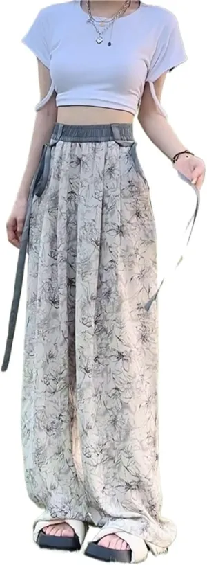 Women's High-Waist Tie-Dye Chiffon Wide-Leg Pants, Summer Lightweight Loose Straight-Leg Casual Trousers
