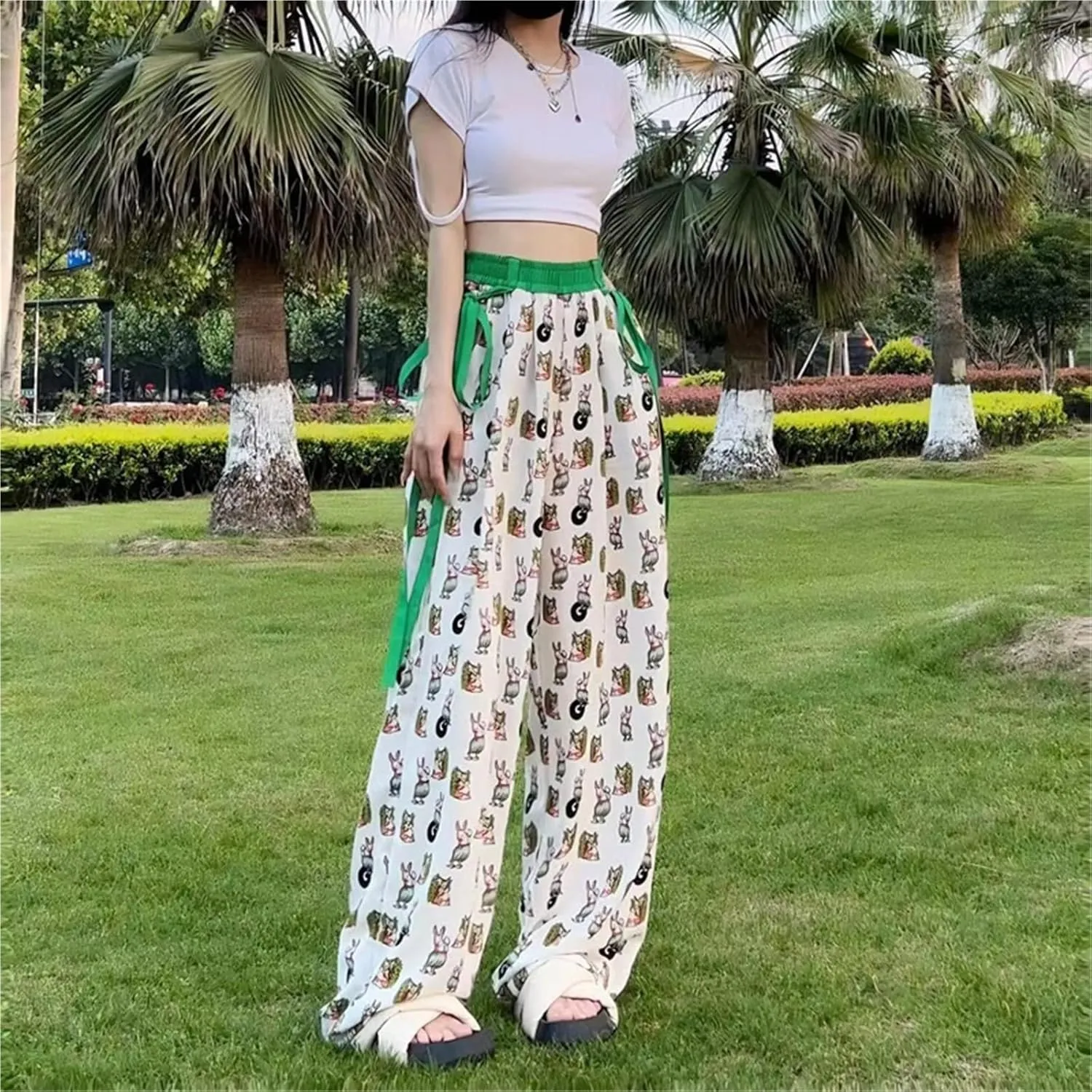 Women's High-Waist Tie-Dye Chiffon Wide-Leg Pants, Summer Lightweight Loose Straight-Leg Casual Trousers