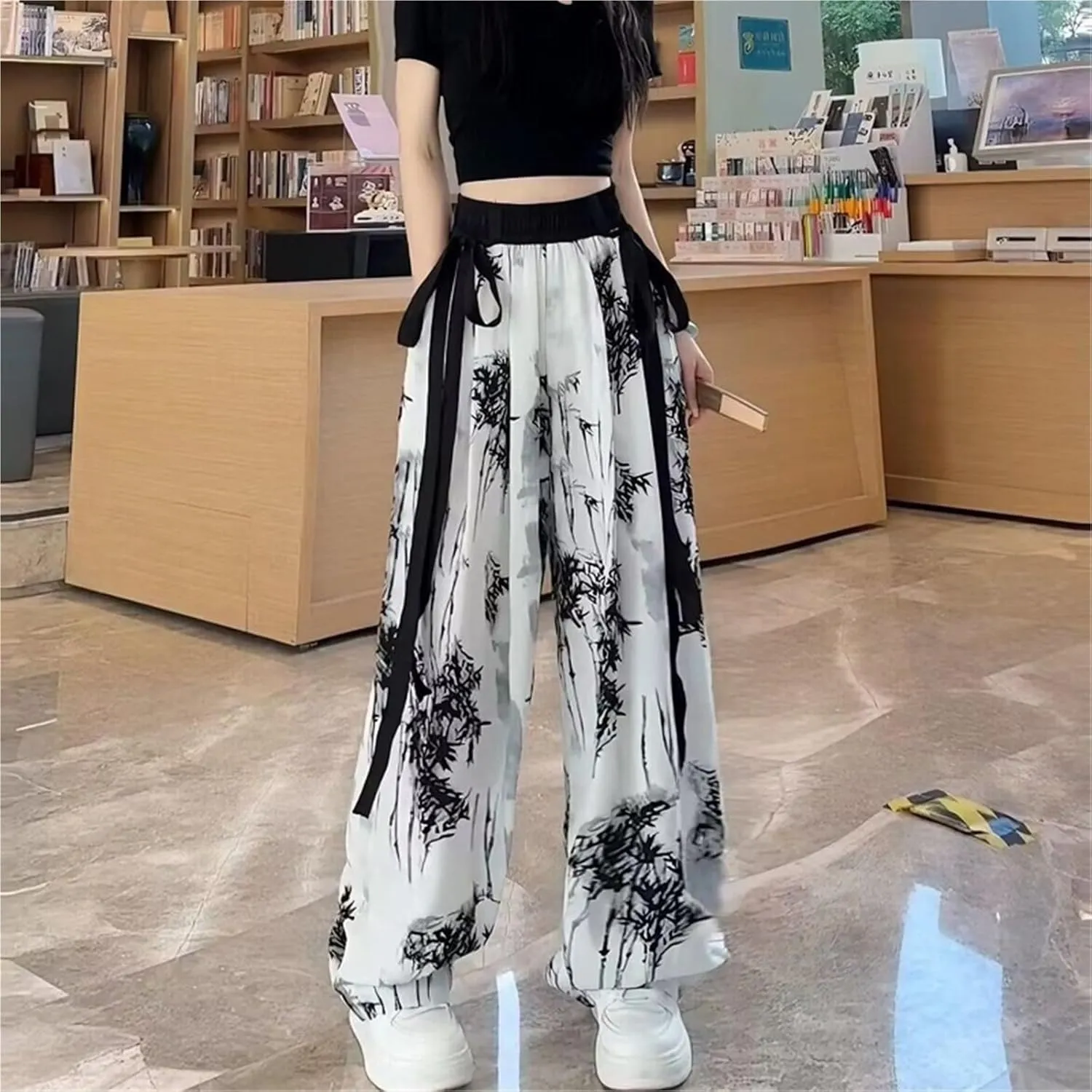 Women's High-Waist Tie-Dye Chiffon Wide-Leg Pants, Summer Lightweight Loose Straight-Leg Casual Trousers