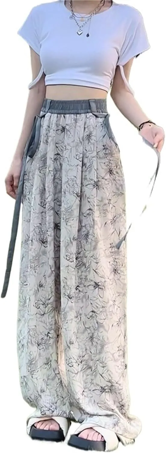 Women's High-Waist Tie-Dye Chiffon Wide-Leg Pants, Summer Lightweight Loose Straight-Leg Casual Trousers
