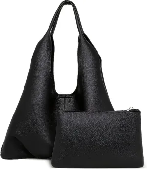 Womens Hobo Bag with Removable Pouch PU Leather Tote Bag Set, Large Handbag Shoulder Bags Zipper Purse for Work (Black)