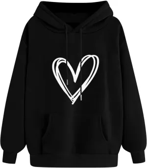 Women's Hooded Sweatshirts Long Sleeve Love Heart Graphic Print Pullover Cute Fleece Hoodies with Pocket