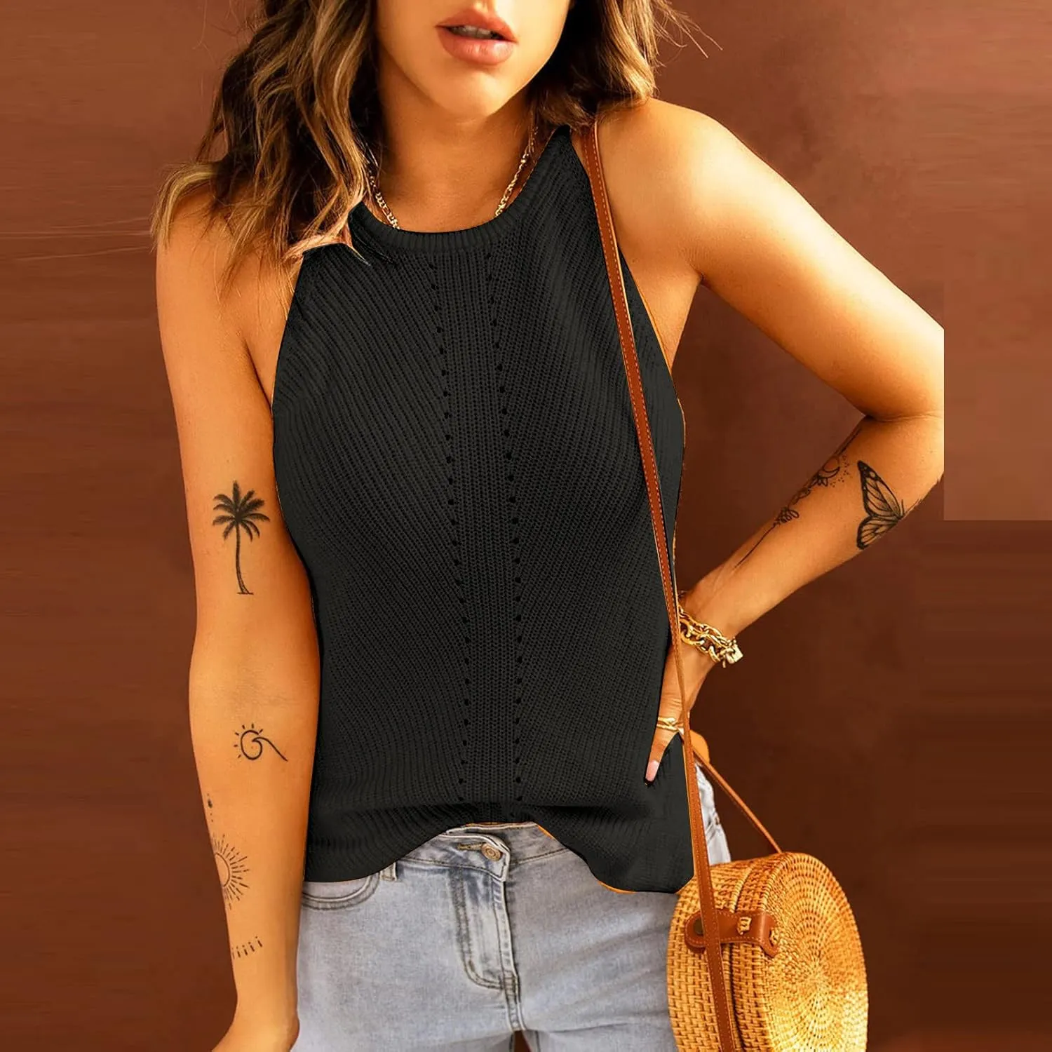 Womens Knitted Eyelet Tank Tops - Sleeveless Loose Fit Blouse Crew Neck Casual Camisole Summer Trendy Fashion Clothes