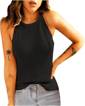 Womens Knitted Eyelet Tank Tops - Sleeveless Loose Fit Blouse Crew Neck Casual Camisole Summer Trendy Fashion Clothes