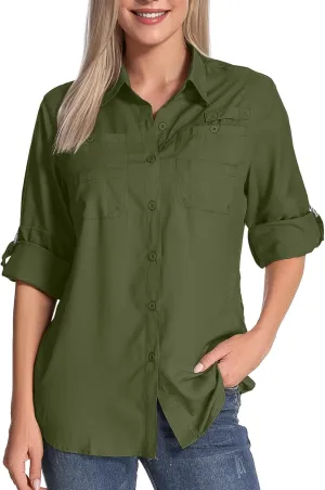 Womens Long Sleeve Sun Protection Hiking Fishing Shirts UPF 50  UV Lightweight Quick-Dry Safari Shirts Womens Outdoor