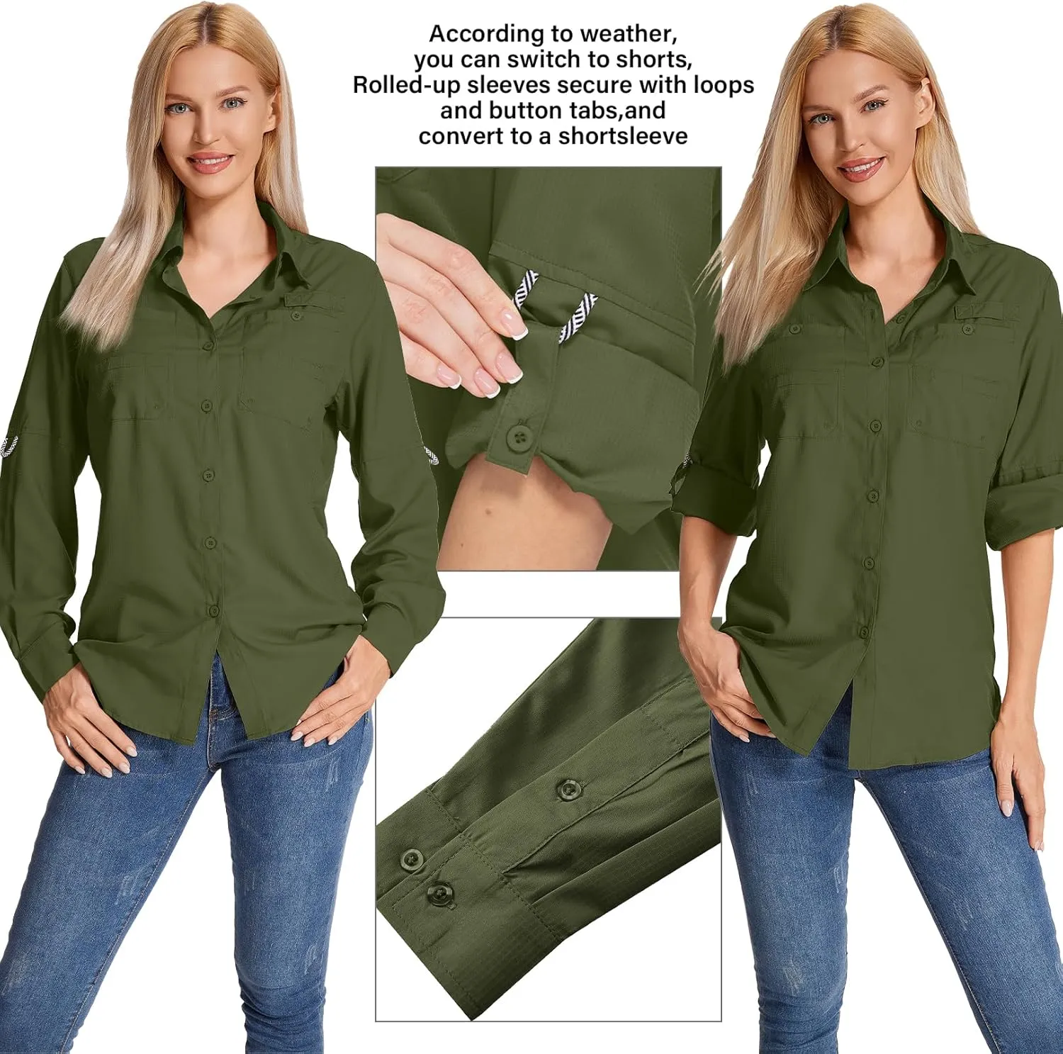 Womens Long Sleeve Sun Protection Hiking Fishing Shirts UPF 50  UV Lightweight Quick-Dry Safari Shirts Womens Outdoor