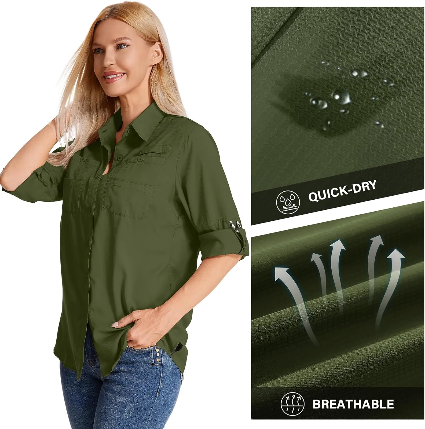 Womens Long Sleeve Sun Protection Hiking Fishing Shirts UPF 50  UV Lightweight Quick-Dry Safari Shirts Womens Outdoor