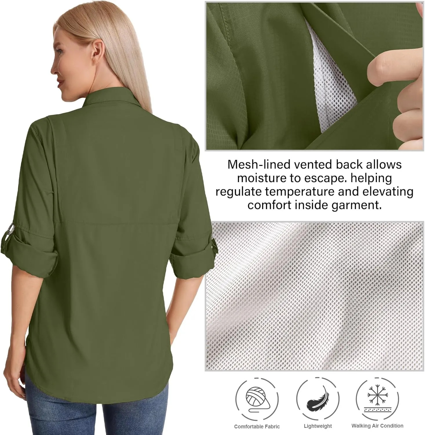 Womens Long Sleeve Sun Protection Hiking Fishing Shirts UPF 50  UV Lightweight Quick-Dry Safari Shirts Womens Outdoor