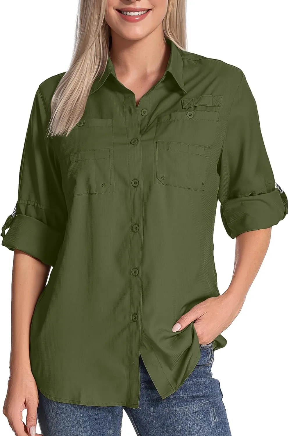Womens Long Sleeve Sun Protection Hiking Fishing Shirts UPF 50  UV Lightweight Quick-Dry Safari Shirts Womens Outdoor