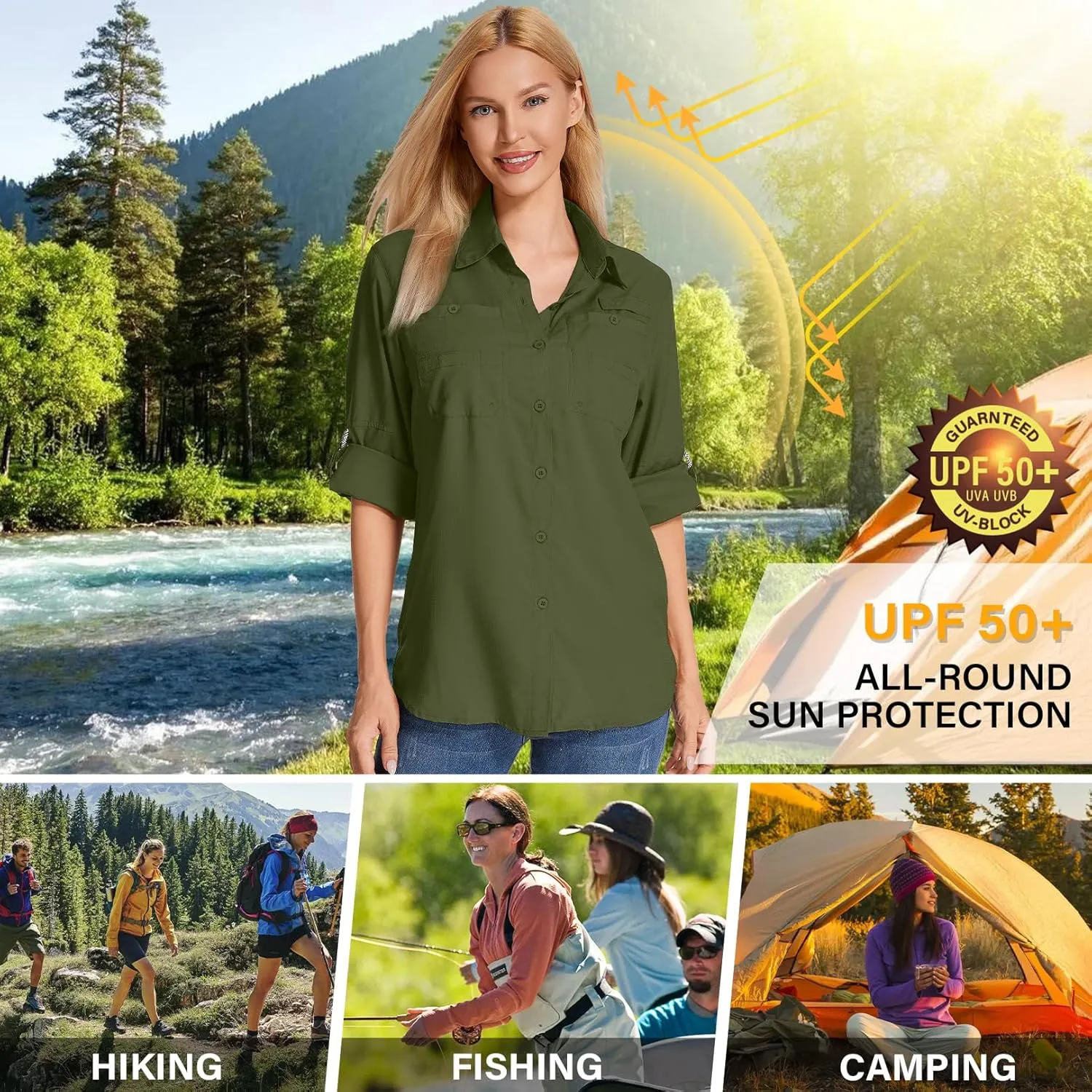Womens Long Sleeve Sun Protection Hiking Fishing Shirts UPF 50  UV Lightweight Quick-Dry Safari Shirts Womens Outdoor