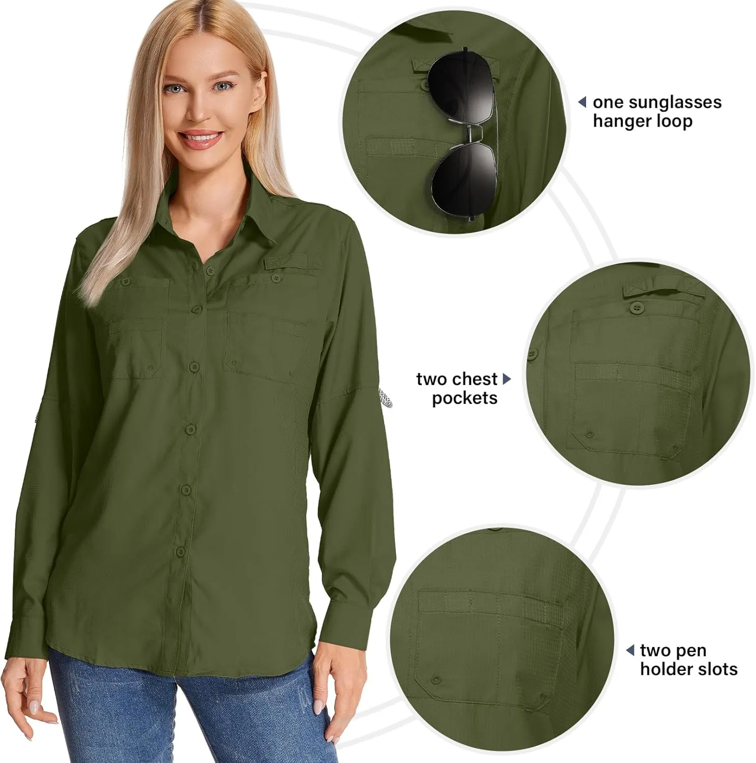 Womens Long Sleeve Sun Protection Hiking Fishing Shirts UPF 50  UV Lightweight Quick-Dry Safari Shirts Womens Outdoor