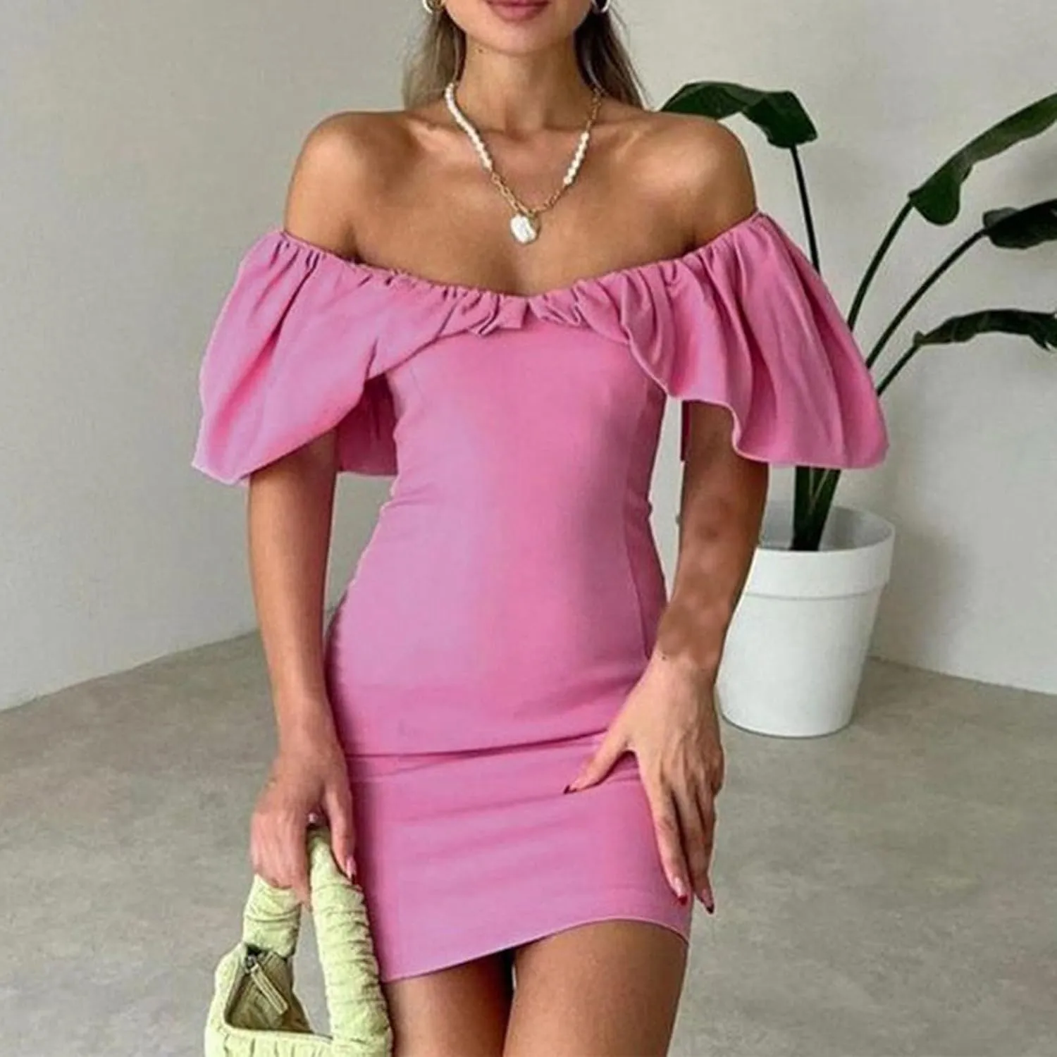 Womens Off Shoulder Ruffle Short Sleeve Wedding Guest A Line Dress Cocktail Party Pencil Dresses Slim Fit Dress