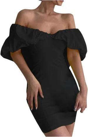Womens Off Shoulder Ruffle Short Sleeve Wedding Guest A Line Dress Cocktail Party Pencil Dresses Slim Fit Dress