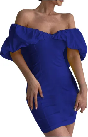 Womens Off Shoulder Ruffle Short Sleeve Wedding Guest A Line Dress Cocktail Party Pencil Dresses Slim Fit Dress