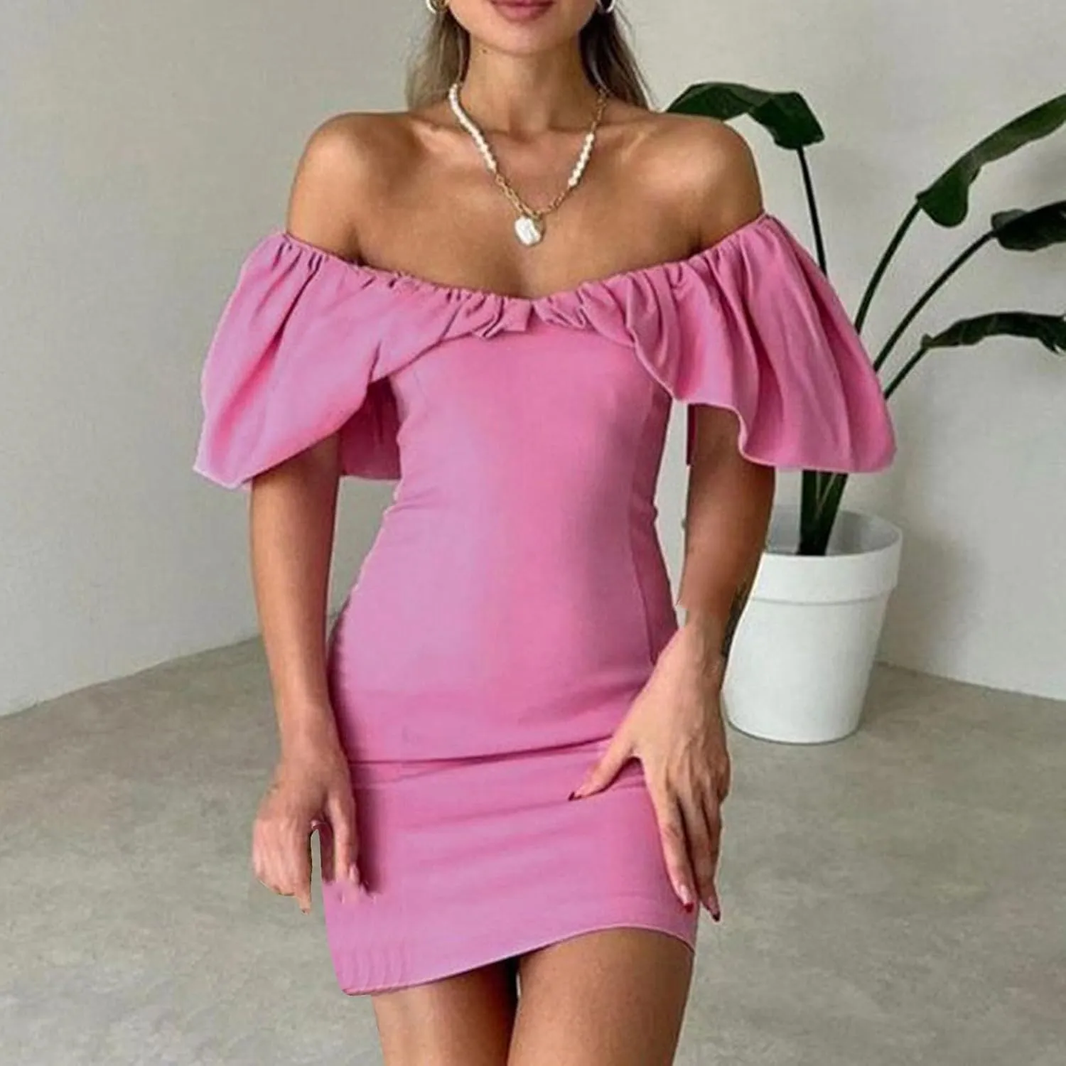 Womens Off Shoulder Ruffle Short Sleeve Wedding Guest A Line Dress Cocktail Party Pencil Dresses Slim Fit Dress