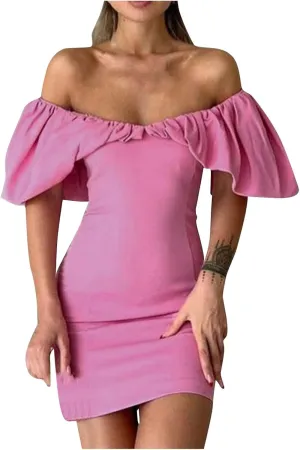 Womens Off Shoulder Ruffle Short Sleeve Wedding Guest A Line Dress Cocktail Party Pencil Dresses Slim Fit Dress