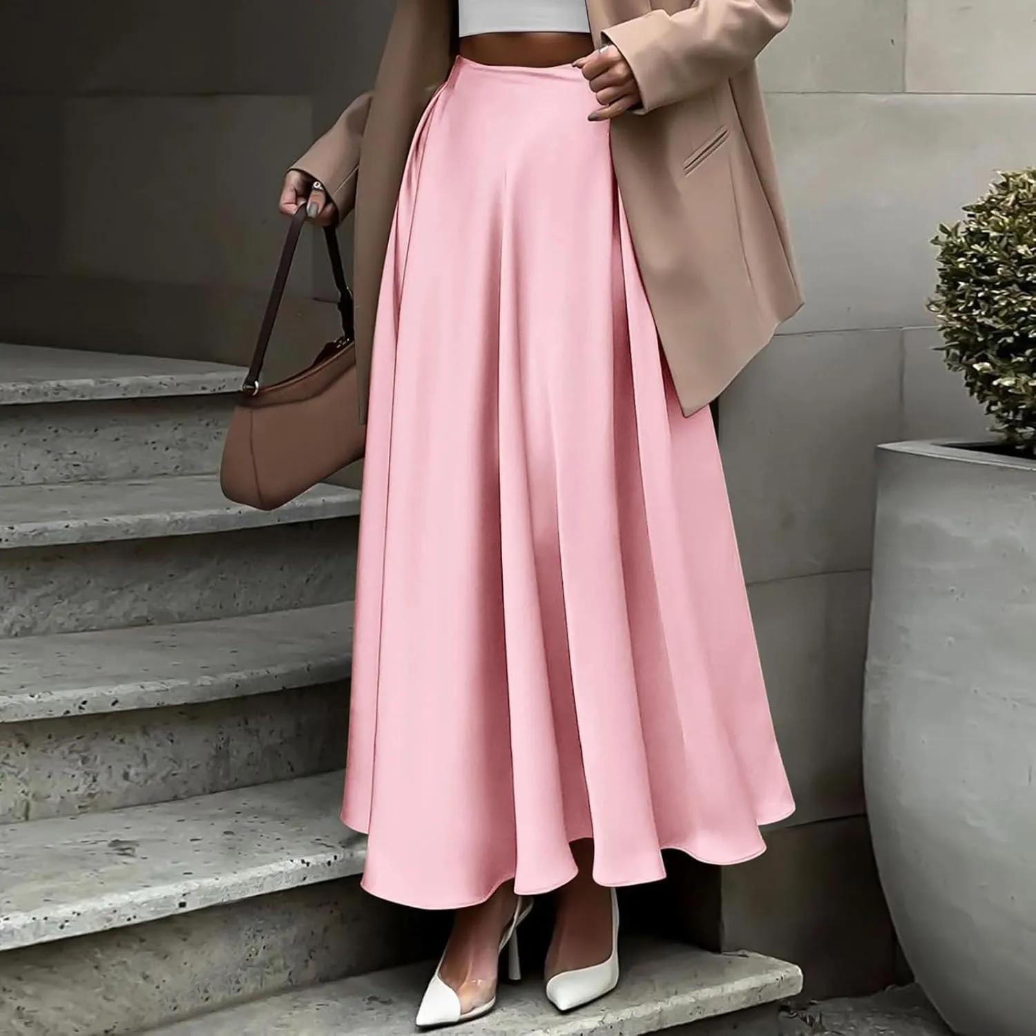 Women's Satin High-Waisted Floor-Length Midi Skirt - Smooth & Elegant Design, Perfect for Weddings & Formal