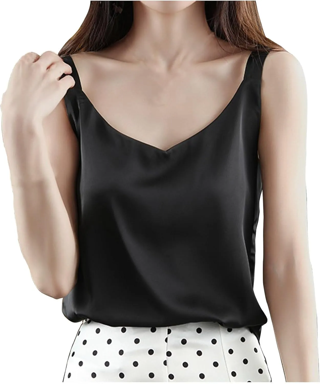 Women's Silk Satin Tank Tops V Neck Spaghetti Strap Sleeveless Camisole Solid Color Fashion Summer Basic Blouse