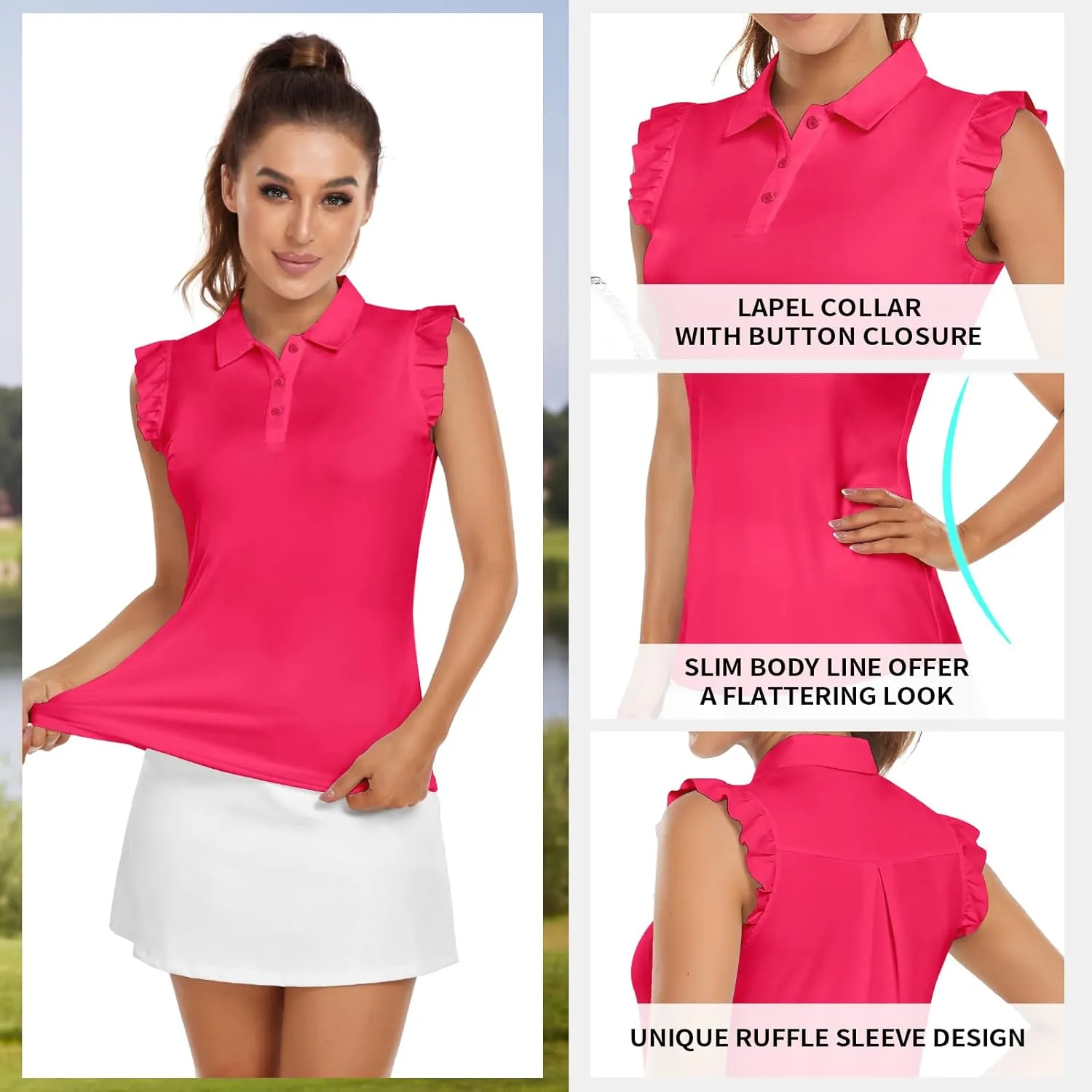 Womens Sleeveless Golf Shirt Ruffle Sleeve Polo Shirts Moisture Wicking Golf Apparel Tennis Shirts Golf Tank Tops