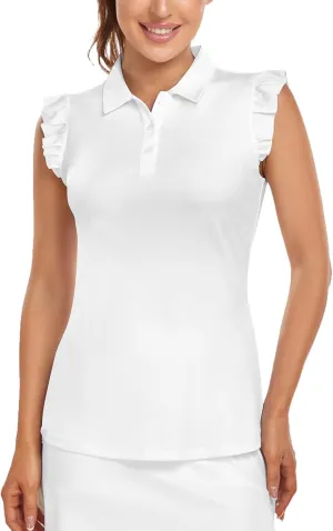 Womens Sleeveless Golf Shirt Ruffle Sleeve Polo Shirts Moisture Wicking Golf Apparel Tennis Shirts Golf Tank Tops