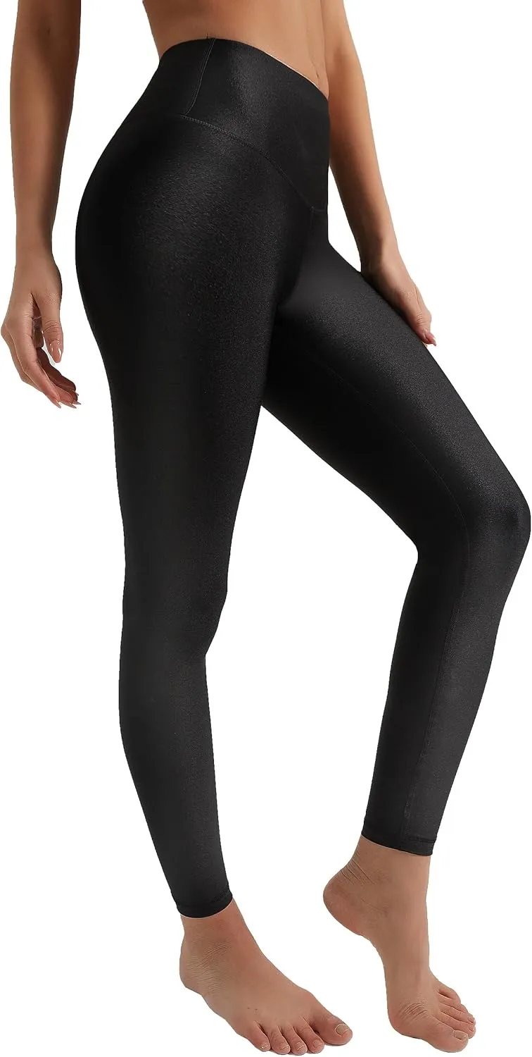 Women's Stretched Shiny Sports Leggings High Waisted Yoga Pants Tummy Control Pleather Tights