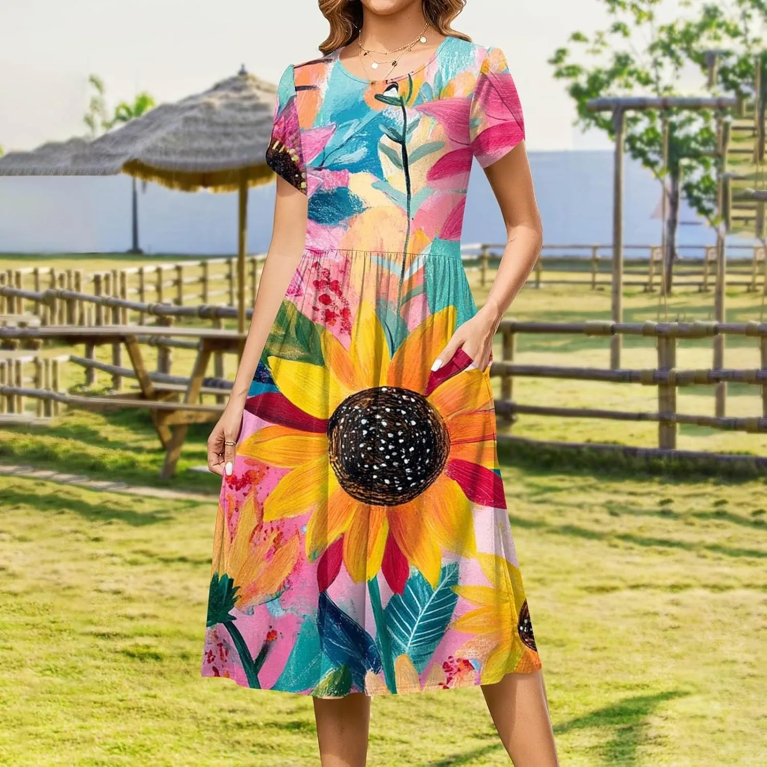 Women's Summer Dress Flutter Short Sleeve O Neck Midi Dresses Boho Sunflower Printed Flowy Swing Sundress