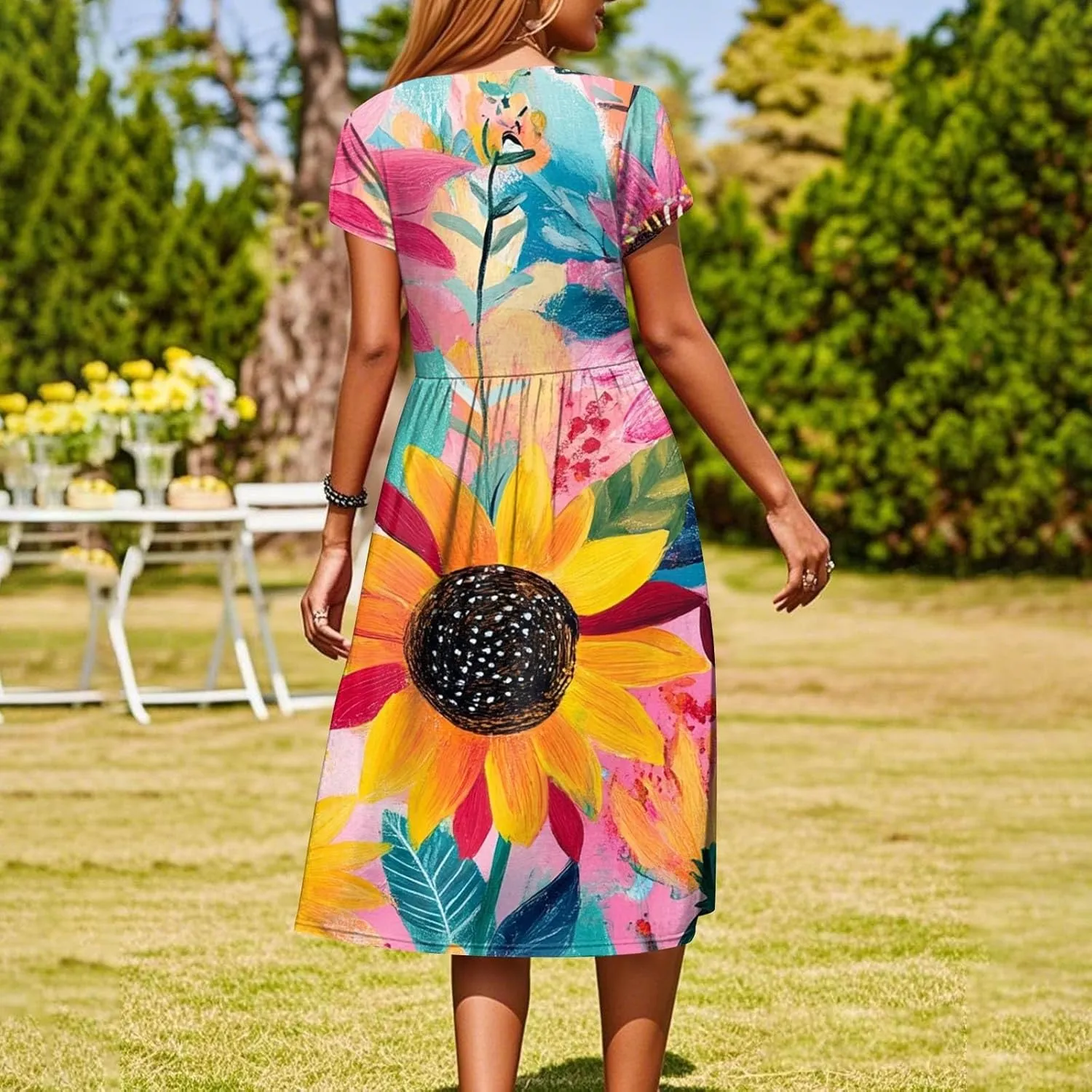 Women's Summer Dress Flutter Short Sleeve O Neck Midi Dresses Boho Sunflower Printed Flowy Swing Sundress