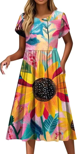 Women's Summer Dress Flutter Short Sleeve O Neck Midi Dresses Boho Sunflower Printed Flowy Swing Sundress