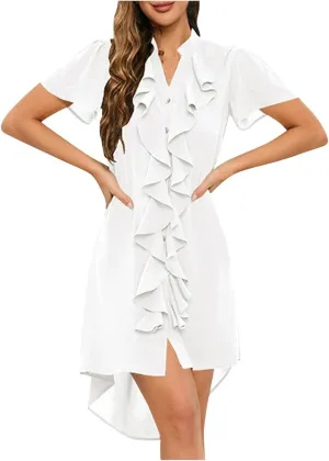 Women's Summer Dresses V Neck Midi Dresses Short Sleeve Ruffle Flowy Boho Beach Dresses 2025 Casual Mini Dress