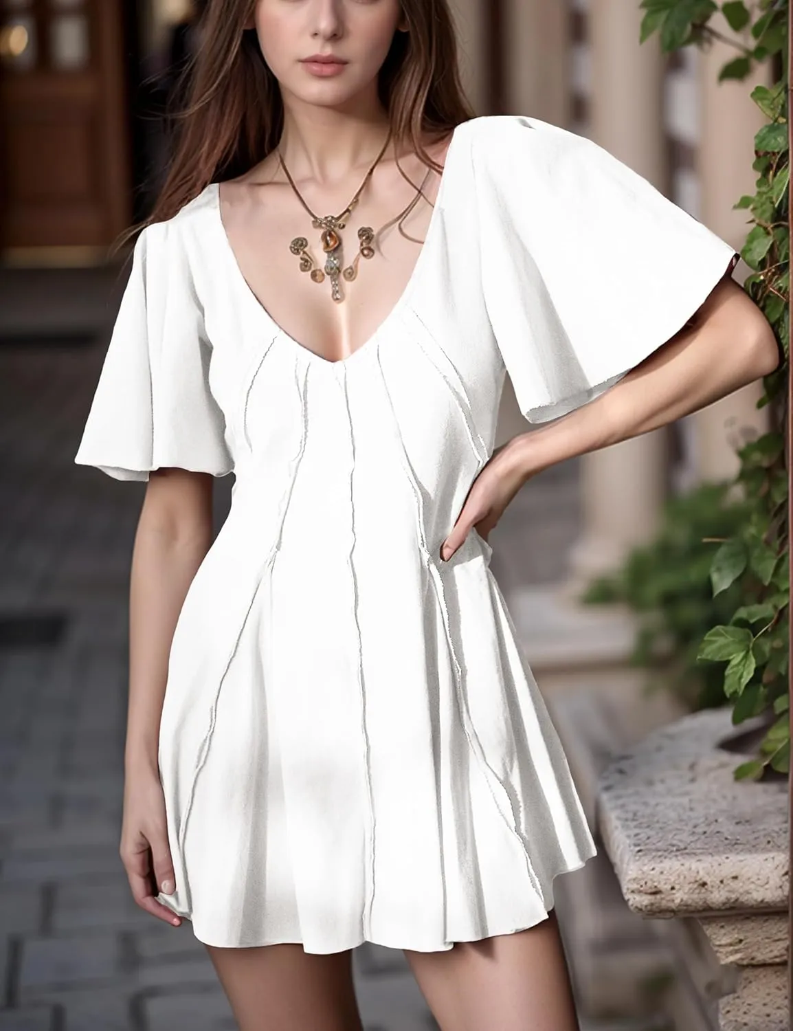 Women's Summer Mini Dress Short Sleeve Casual Sundress with Cutout Back Beach Vacation Dress for Pool Party Travel
