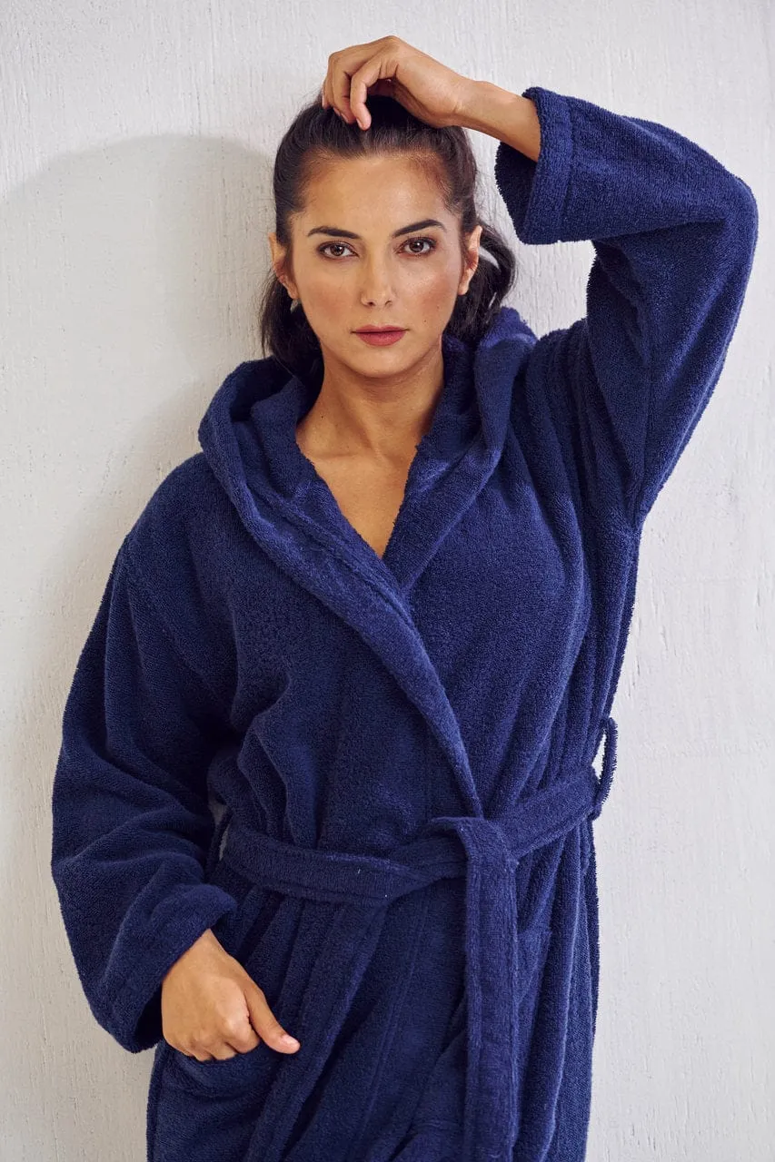 Women's Terry Cotton Turkish Hooded Bathrobe, Luxurious Terry Cloth, Lightweight & Soft (Navy)