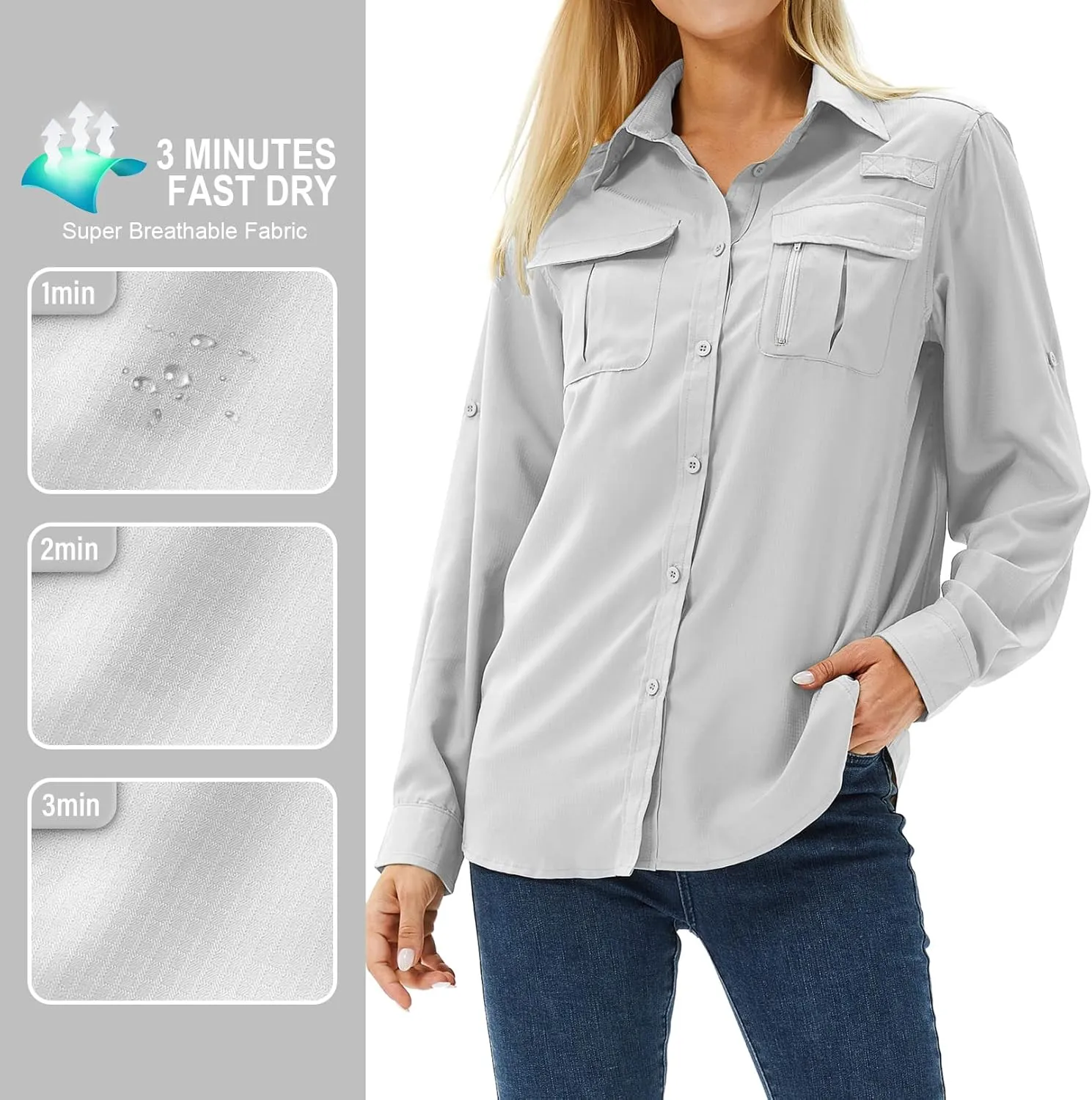 Women's UPF 50 Long Sleeve UV Sun Protection Safari Shirts Outdoor Quick Dry Fishing Hiking Travel Shirts