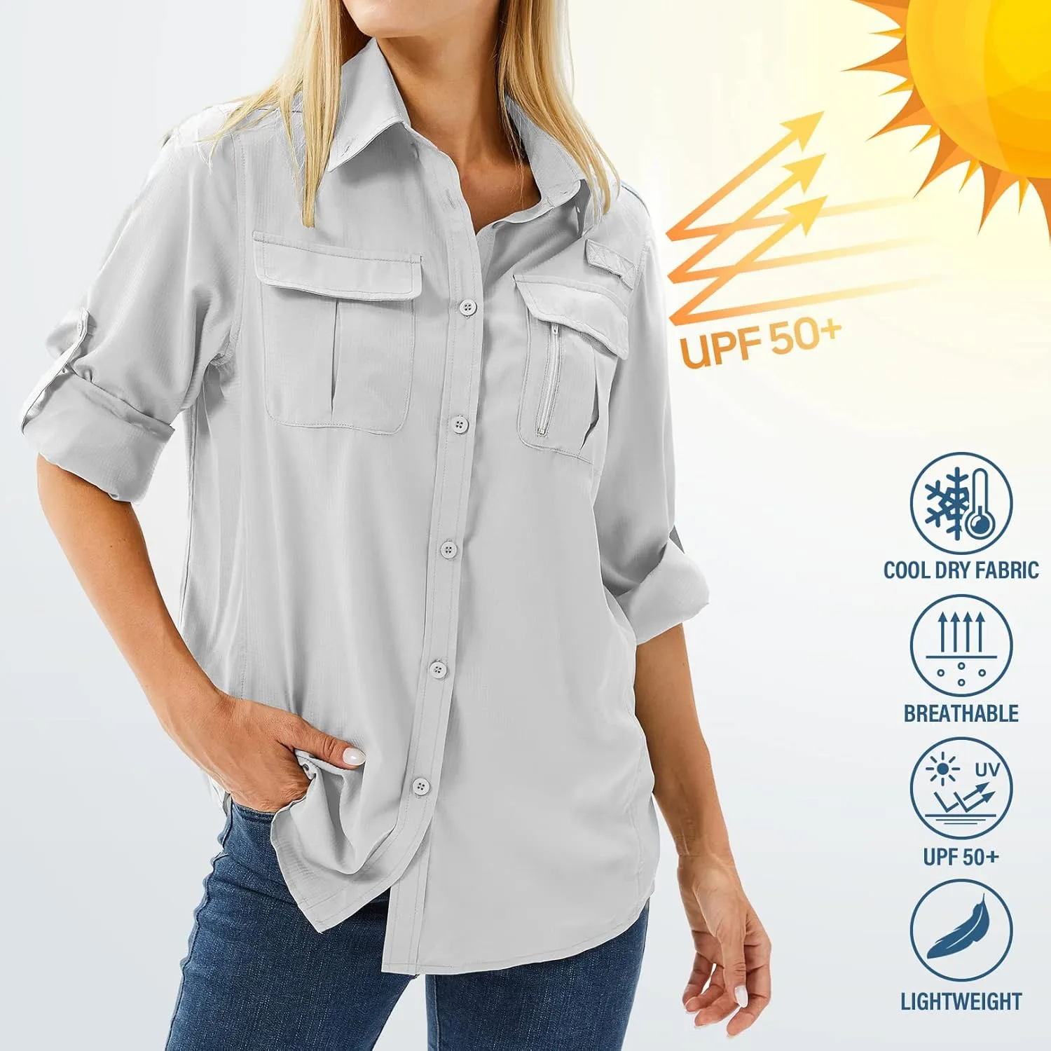 Women's UPF 50 Long Sleeve UV Sun Protection Safari Shirts Outdoor Quick Dry Fishing Hiking Travel Shirts