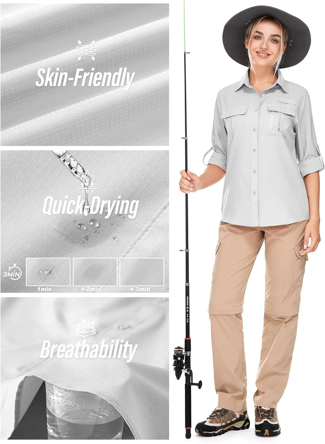 Women's UPF 50 Long Sleeve UV Sun Protection Safari Shirts Outdoor Quick Dry Fishing Hiking Travel Shirts