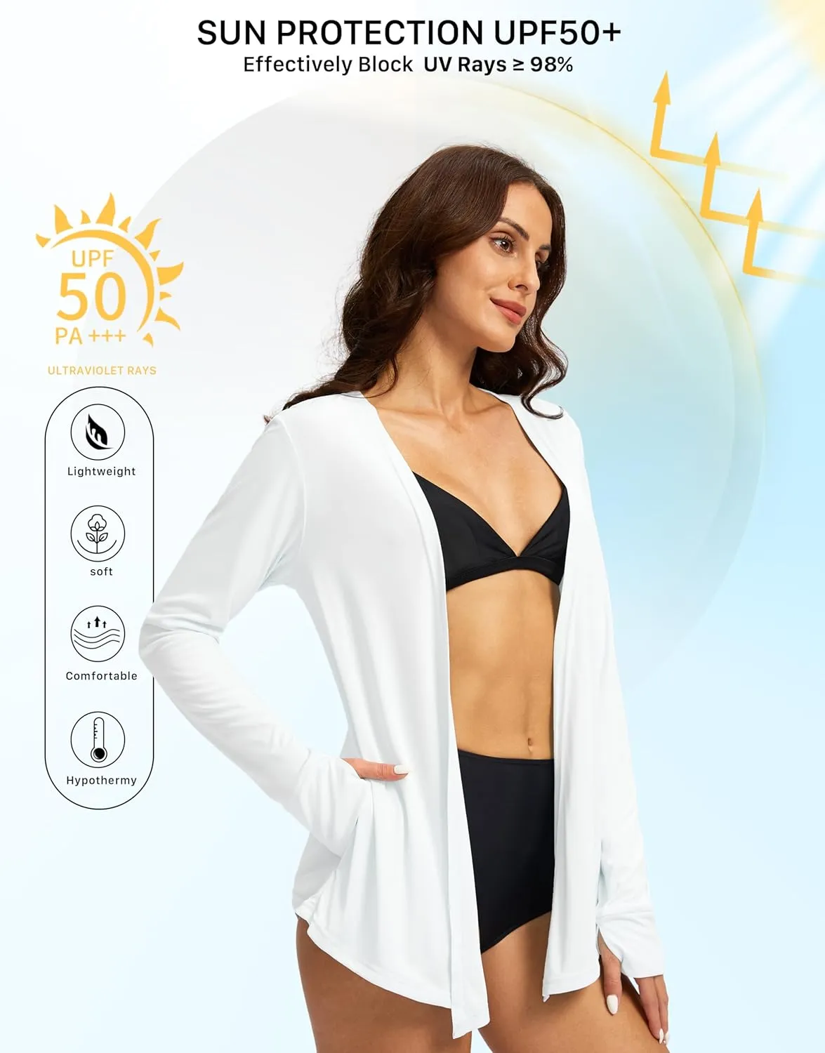 Women's UPF 50  Sun Shirt Long Sleeve UV Sun Protection Shirts Lightweight Cardigan for Women with Pockets SPF Swim Cover Up