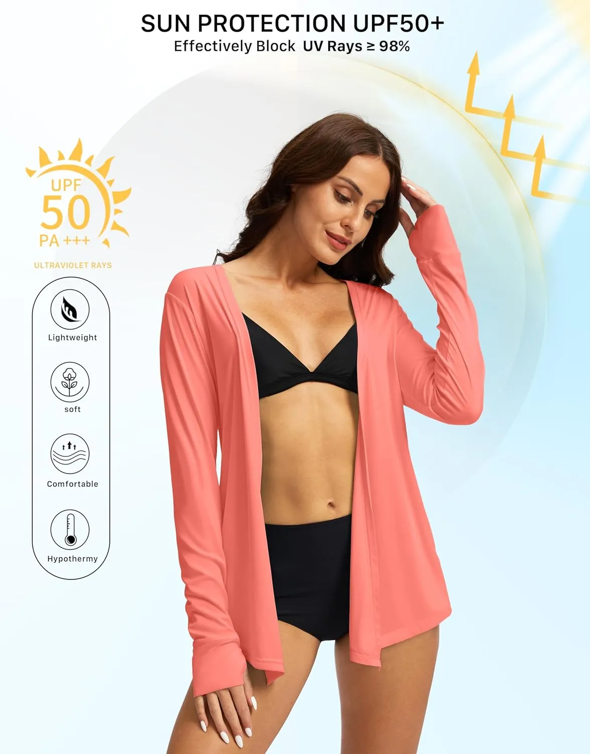 Women's UPF 50  Sun Shirt Long Sleeve UV Sun Protection Shirts Lightweight Cardigan for Women with Pockets SPF Swim Cover Up