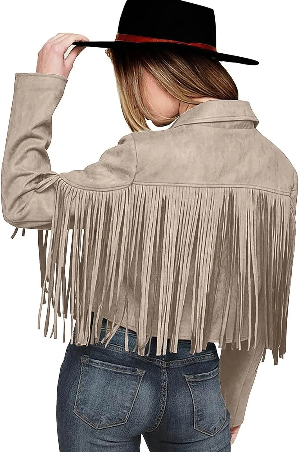 Womens Vintage Fringe Faux Suede Leather Cropped Jackets Fall Winter Motorcycle Moto Biker Short Open Front Tassel Coat